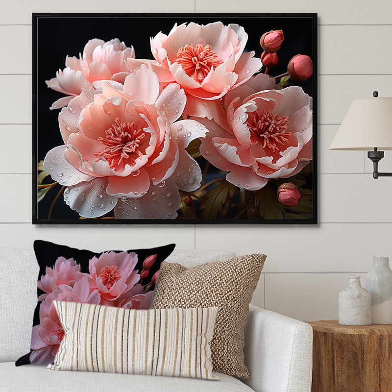 Jardin rose des délices de pivoine, Cadre flottant noir, H 24 po x l 32 po x P 1 po