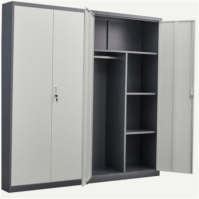 Garde-robe de grande capacité en métal gris avec tringle et compartiments, armoire verrouillable avec serrures et clés, fabrication en acier, imperméable et ignifuge, convient à la chambre à coucher, au salon et à la salle de lavage.