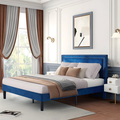 Queen Size Dark Blue Velvet Upholstered Platform Bed with Adjustable Headboard, Modern Bed Frame with Wood Slats, No Box Spring Needed