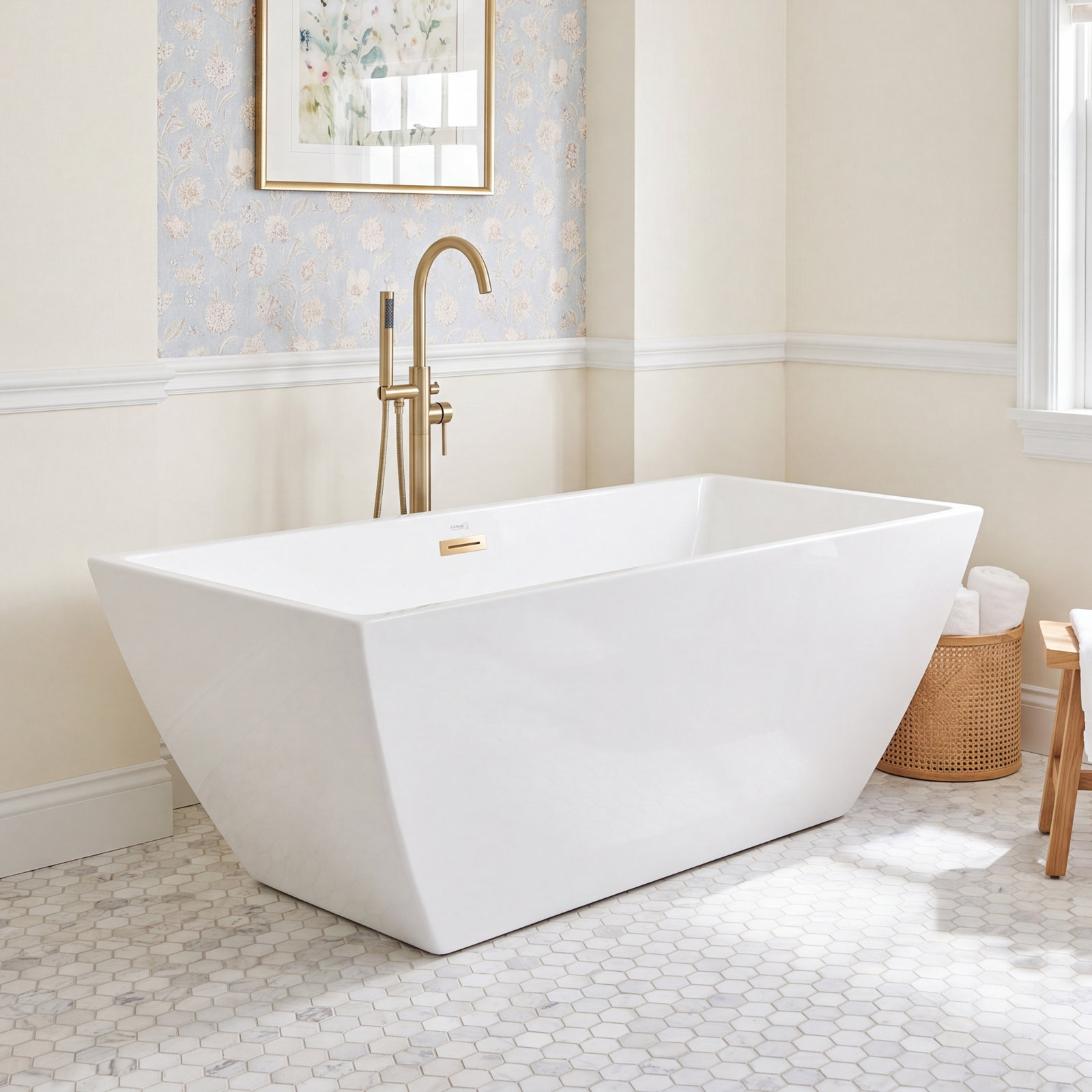 Lydia 59" x 30" Freestanding Soaking Bathtub, White/Titanium Gold