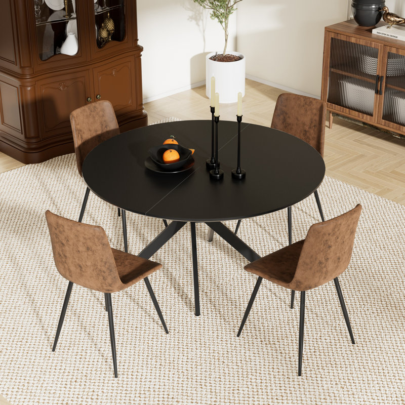 47.2'' Round Dining Table Set with Suede Chairs, Black, 5