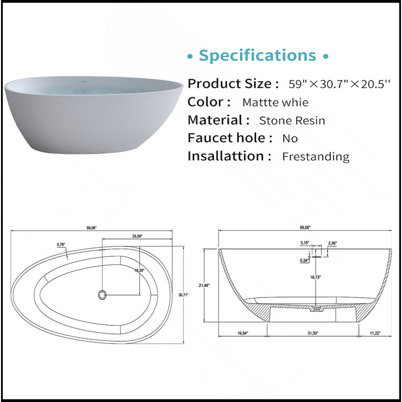 59'' Solid Surface Matte Tub, Freestanding Solid Surface Resin Stone Bathtub, Solid Surface Matte White Soaking Tub,Free Standing Tub With Overflow And Pop-Up Drain, Matte White