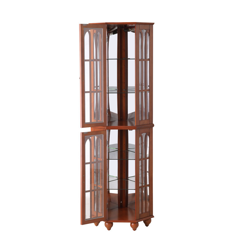 Corner Curio Cabinet With 4 Adjustable Tempered Glass Shelves And Lighting System, Solid Wood Legs,Acrylic Mirrored Back Panel(E26 Light Bulb Not Included)