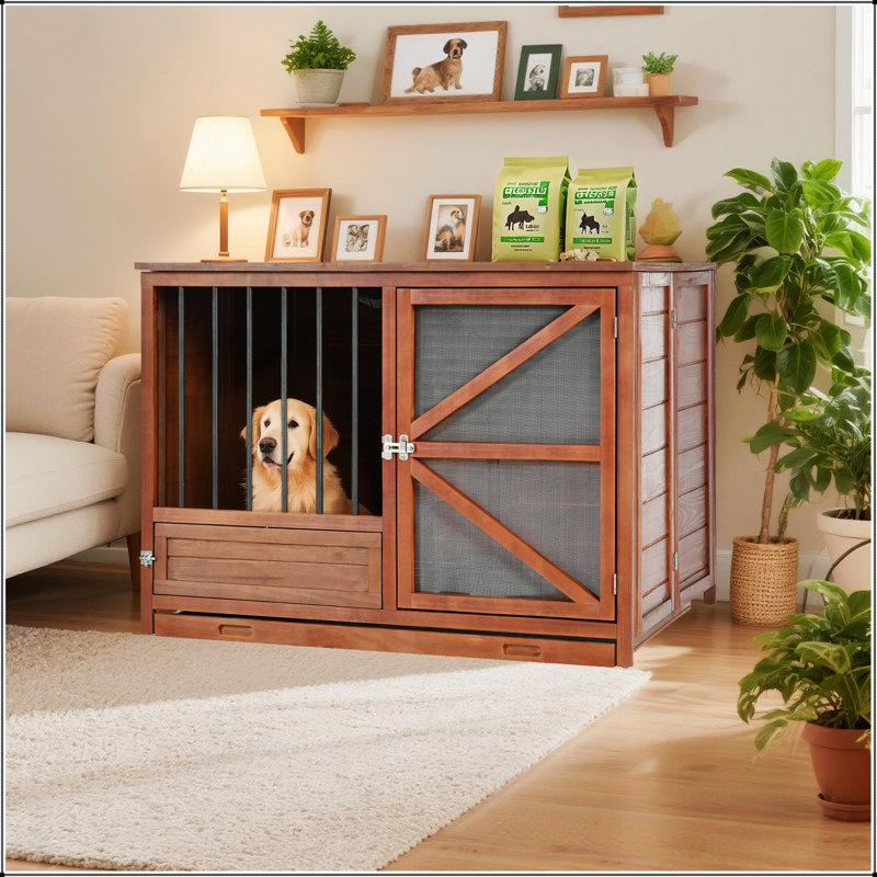 Mobilier de caisse pour chien en bois massif de 43 pouces, chenil d'intérieur pliable avec mangeoire rotative à 360 ° et table de bout multifonctionnelle pour petits et moyens chiens, cage pour animaux portable avec plateau amovible et assemblage facile