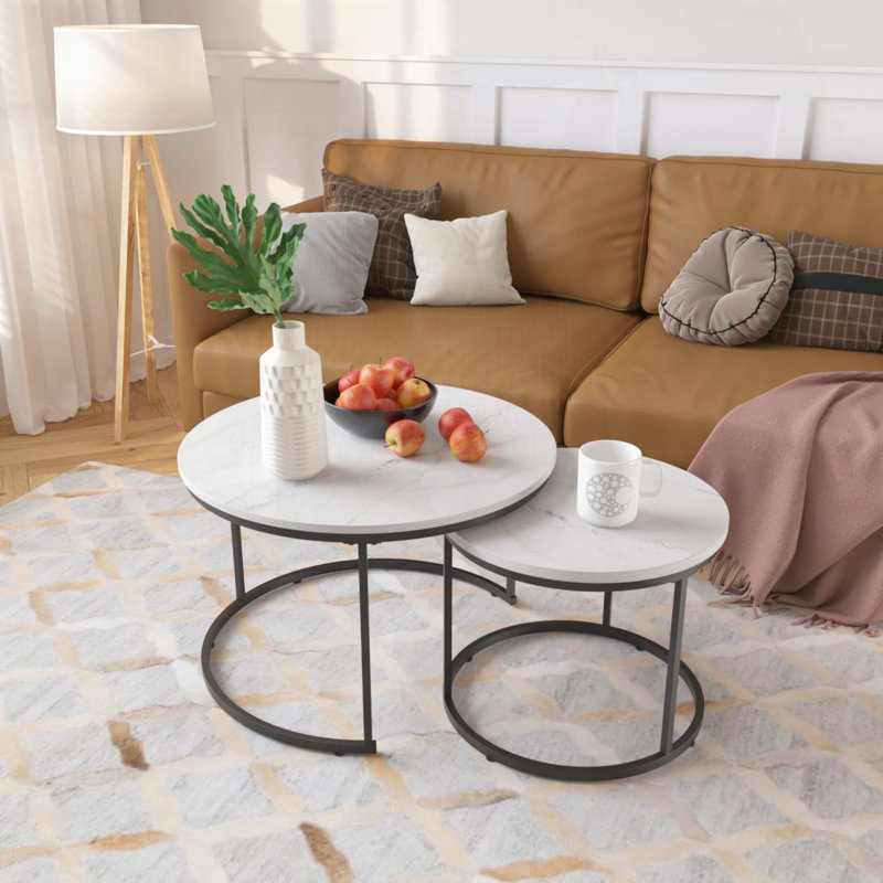 Ensemble de 2 tables basses gigognes rondes avec plateau en marbre - Blanc