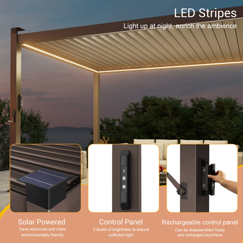 Outdoor Aluminum Pergola with Adjustable Louvered Roof and Solar LED Lights, 10 ft x 13 ft, Dark Gray