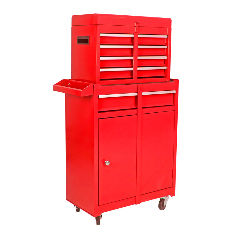 Boîte à outils rouge 5 avec roues verrouillables, tiroirs coulissants et tablette réglable pour garage en métal, Rouge