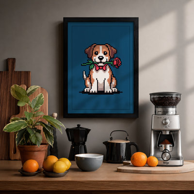 Pixel Pup with Rose Retro - Framed Print