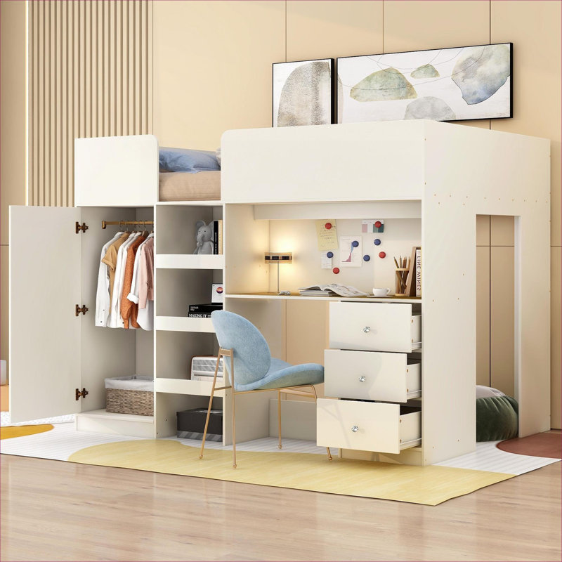 Lit mezzanine avec rangement pleine grandeur beige doux, fabrication en bois massif et en panneau de fibres à densité moyenne avec garde-robe intégrée, bureau et rangement intégré
