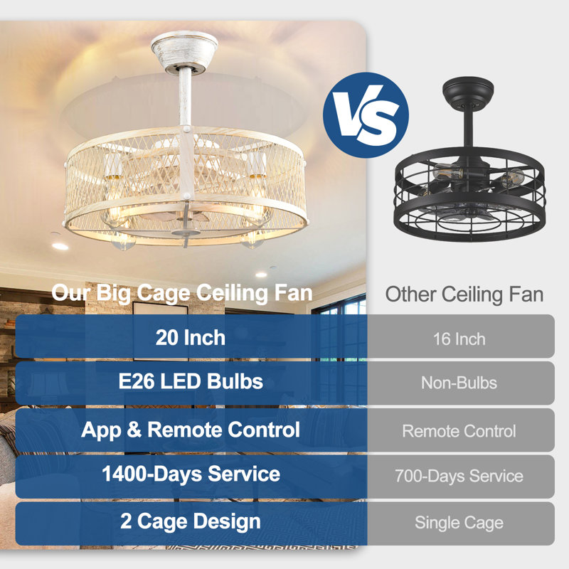 Ventilateurs de plafond en cage de 20 po avec télécommande pour l'application pour la chambre à coucher de patio, ventilateur de plafond encastré avec lumières réversibles 6 vitesses