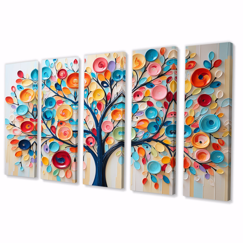 Arbre abstrait coloré I - arbre africain, art mural 5 pièces, H 28 po x l 60 po