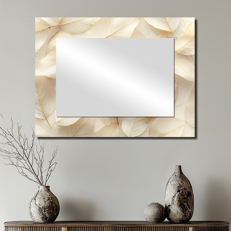 Ivoire à feuilles et collage II - Miroir mural décoratif floral - imprimé sur métal, 24 po x 32 po