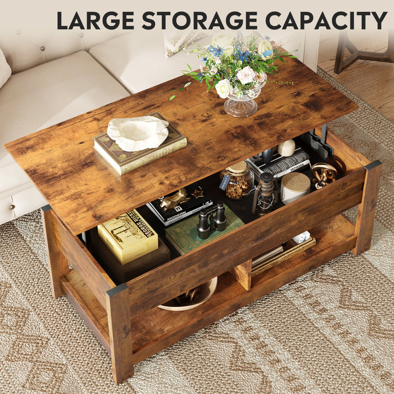 Sparta 47.3'' Lift Top Extendable Coffee Table With Hidden Storage & Open Shelf, Lift Top Coffee Table with Stable Legs, Square Living Room Table with Storage