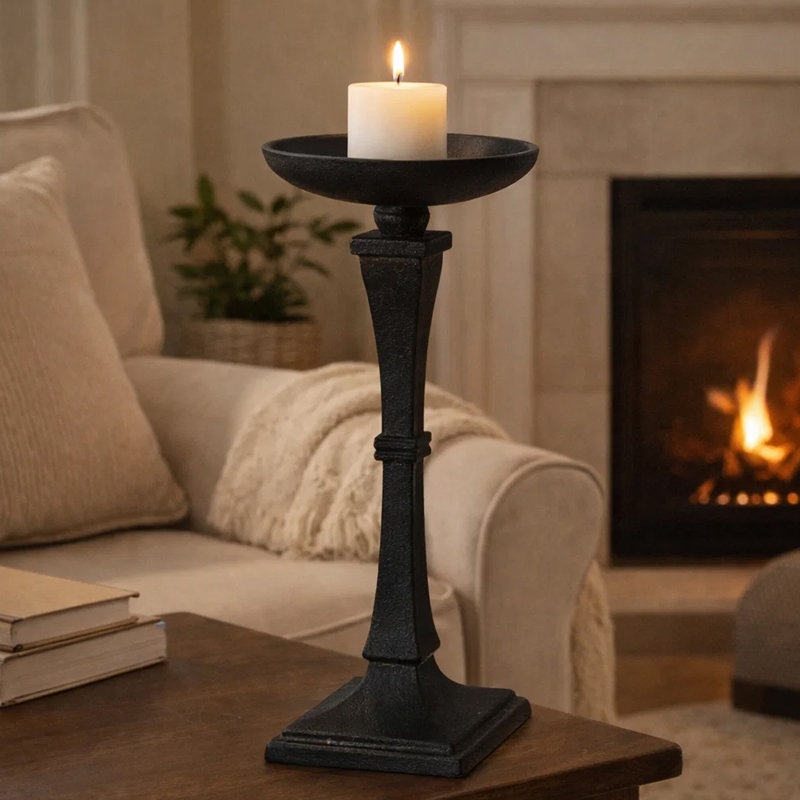 Mimo Pillar Candle Holder, 13 Inch Antique Black Sculpted Iron Frame, 13.4" H x 6.3" W x 6.3" D