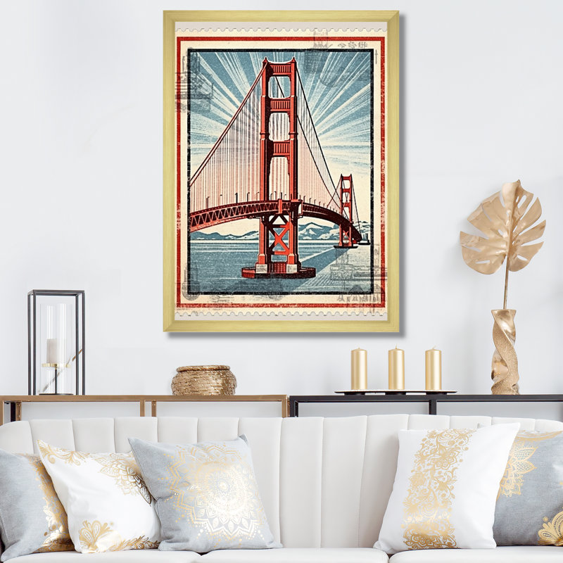 Golden Gate San Francisco, illustration rétro encadrée sur toile, H 44 po x l 34 po x P 1,5 po, Cadre doré simple