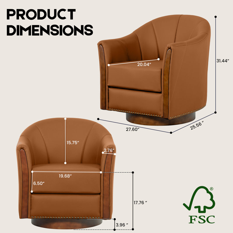 28"W Modern Vegan Leather Swivel Barrel Chair with Solid Wood Base, Brown