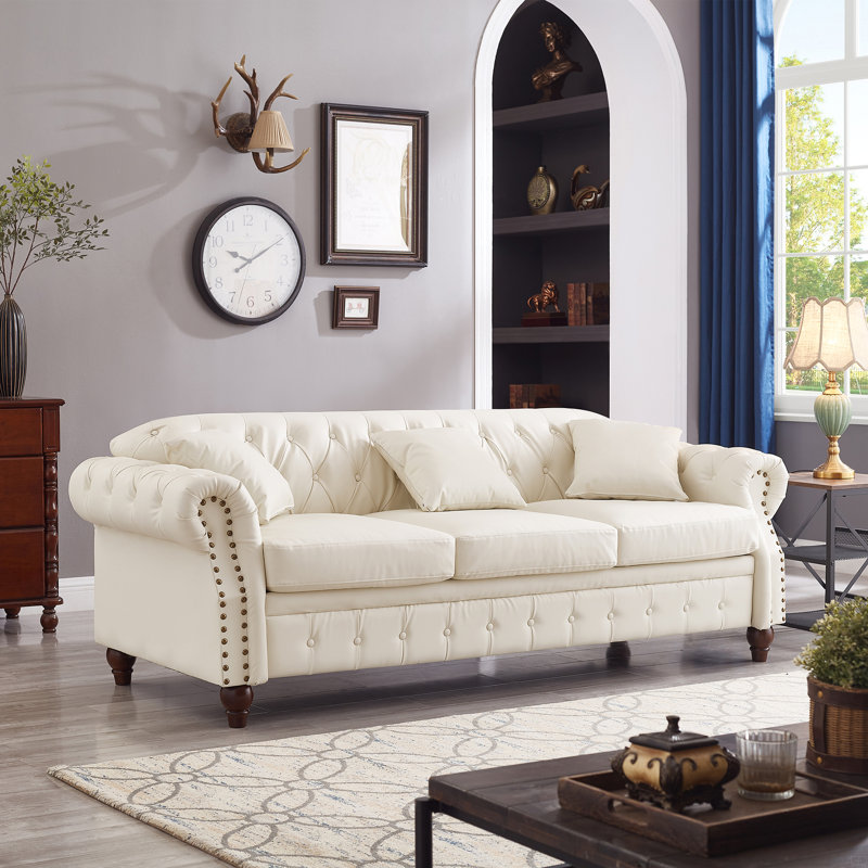 Chesterfield Sofa Tufted Design with Storage, Ivory Faux Leather