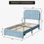 Structure de lit simple tapissier en velours avec tête de lit bibliothèque et tablettes de rangement, pieds en acier robustes, silencieux, sans sommier tapissier, bleu