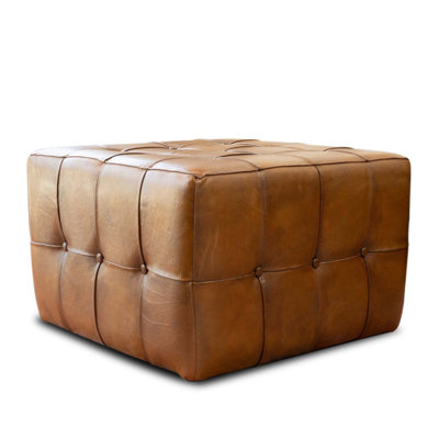 Benjiro Square Tan Leather Ottoman, Comfortable and Versatile Coffee Table Bench with Foot Rest for Living Room, Classic Design and Multiple Functions