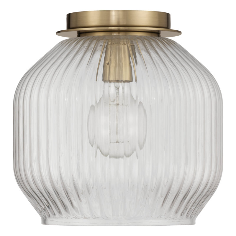 Plafonnier encastré en laiton antique 1 lumière avec abat-jour en verre nervuré transparent Folger