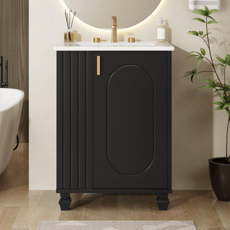 Meuble-lavabo 24 po avec lavabo, armoire de salle de bain avec tablette de porte, rangement latéral ouvert, structure en bois massif, porte à fermeture douce
