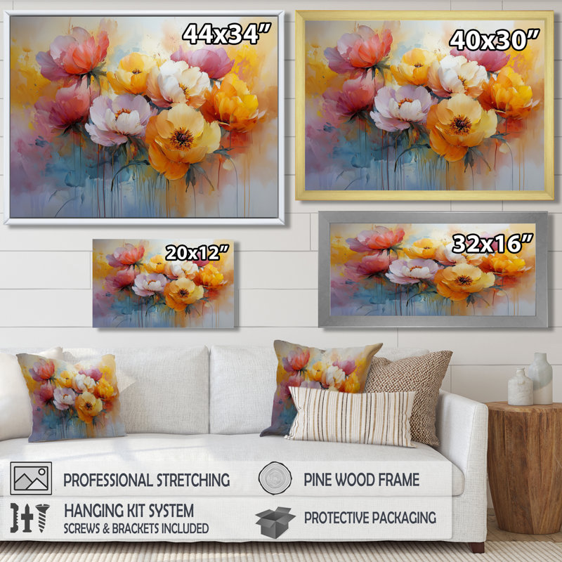 «Summer Peony Vibrant Garden II» - reproduction d'art sur toile encadrée, 12" H x 20" W, Cadre flottant blanc