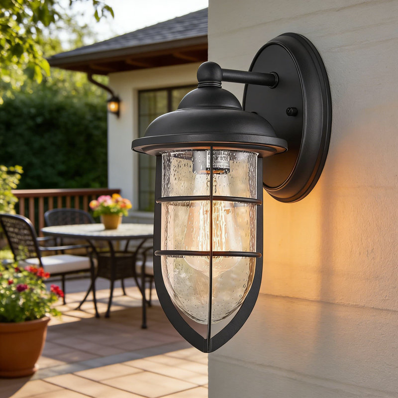 Outdoor Wall Sconce Light, IP65 Waterproof For All-Weather Use, Clear Seeded Glass Shade With Textured Black Finish, Easy Mounting For Porch, Garage, Entryway, Patio, And Garden, E26 Bulb Base Compatible