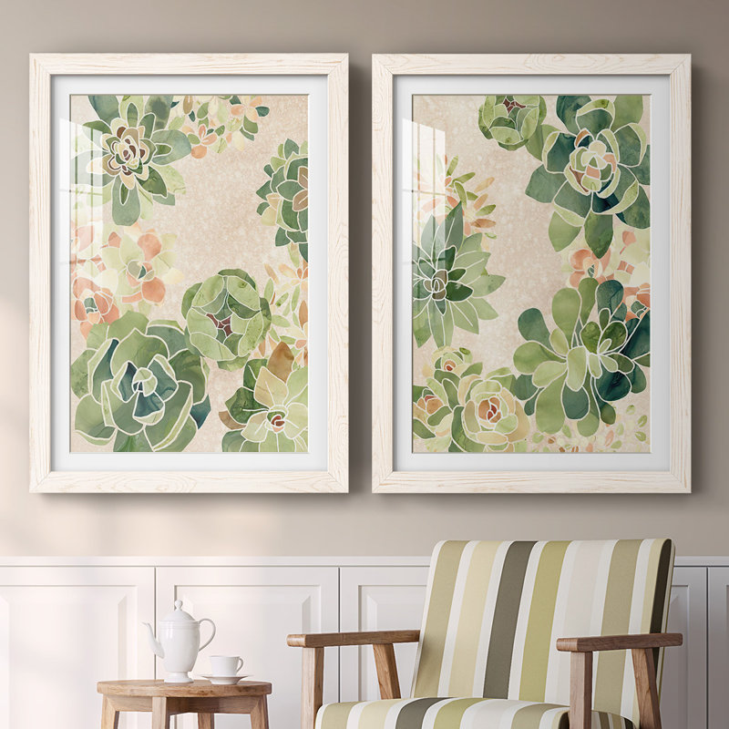 Impression sur cadre I-Premium - Succulents vitrail - prêt à accrocher, Blanc, H 27,5 po x l 75 po x P 1,5 po
