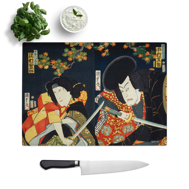 Tempered Glass Two Actors With Samurai Swords by Toyohara Kunichika Chopping Board, 28.5 cm W x 20 cm L