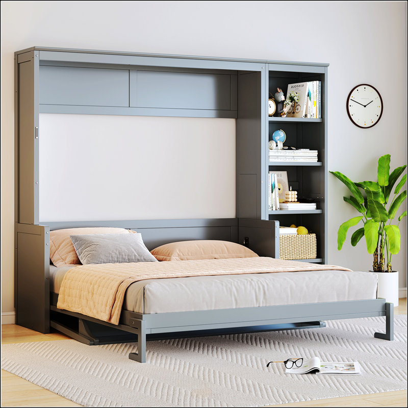 Grand lit escamotable avec bureau et bibliothèque, Gris, Grand lit