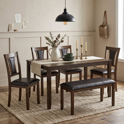 Rustic 6-Piece Wooden Dining Table Set, Farmhouse Kitchen Table with 4 Upholstered Chairs and Bench