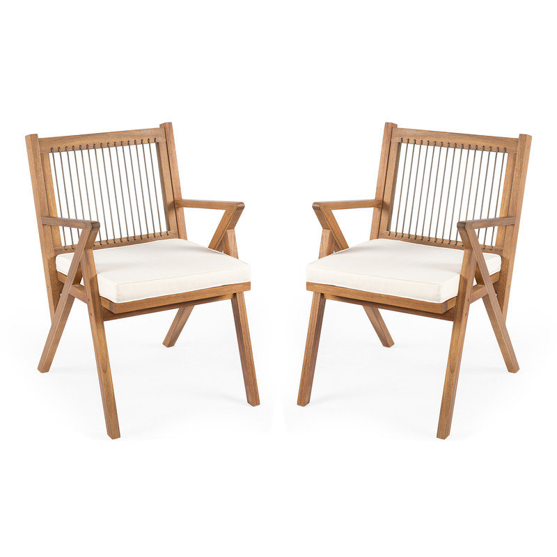 Chaises de patio en bois d'acacia avec coussins (ensemble de 2)