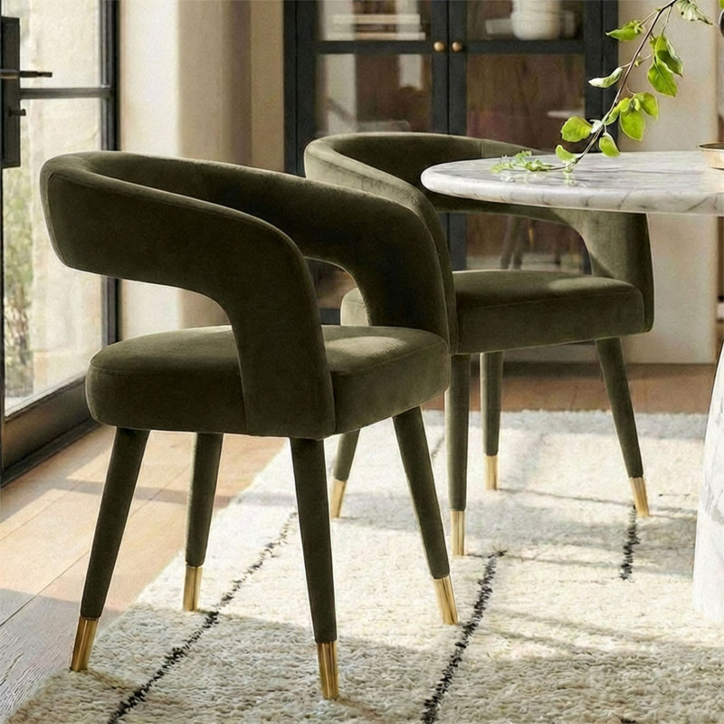 Velvet Upholstered Barrel-Back Dining Chair With Gold Capped Legs, Green
