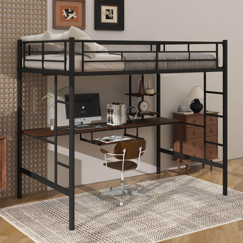Lit mezzanine double avec bureau intégré et tablettes