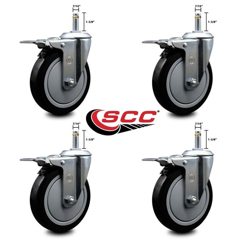 5 Inch Polyurethane Swivel 7/16 Inch Stem Caster Set with Total Lock Brake, Black