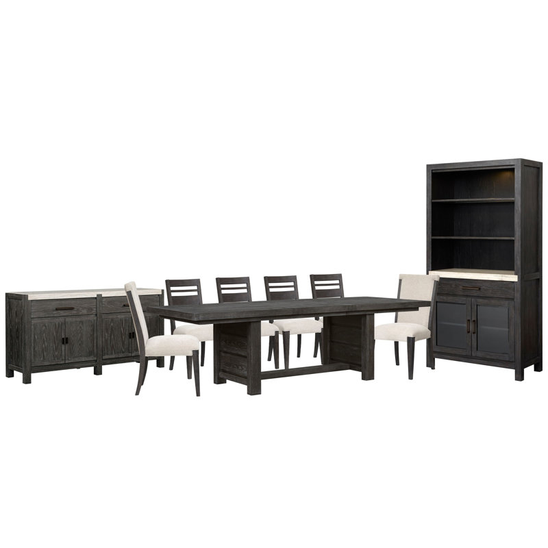 Extendable Trestle Dining Table With 4 Side Chairs 2 Upholstered Side Chairs Sideboard And Display Cabinet