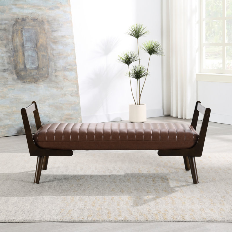 Banc de 52 pouces avec pieds en bois de noyer, style Mid-Century, rembourré en PU pour la conception de bout de lit brun, chambre en tissu doux