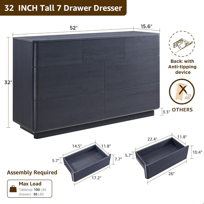 Commode à 7 tiroirs de 52 po de largeur, commode en bois sans poignée pour chambre à coucher, Noir