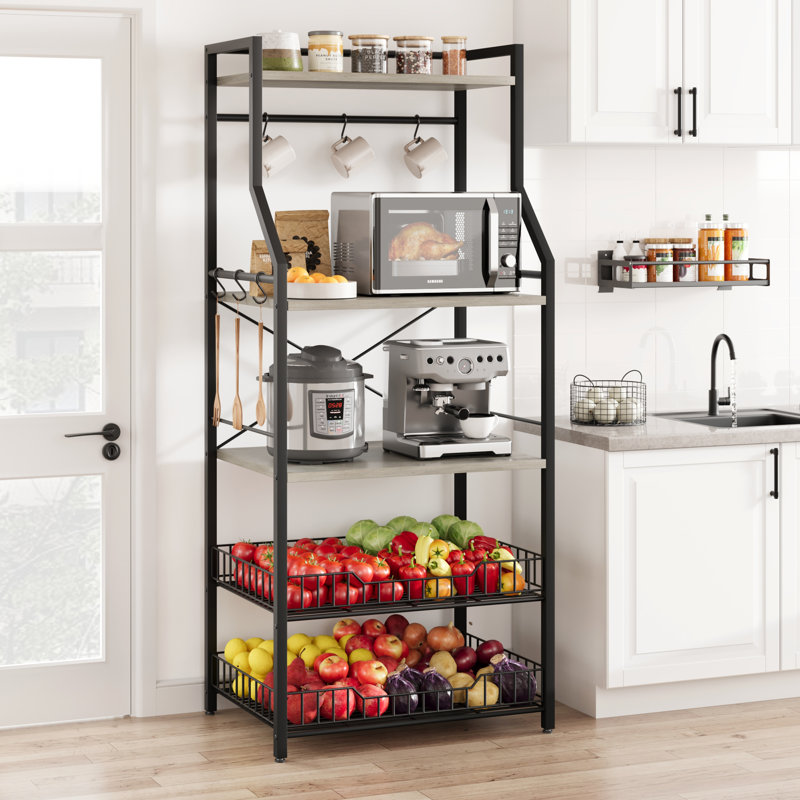 Support de four à micro-ondes avec 2 grands paniers grillagés, Gris, 57.4" H x 23.6" W x 15.7" D