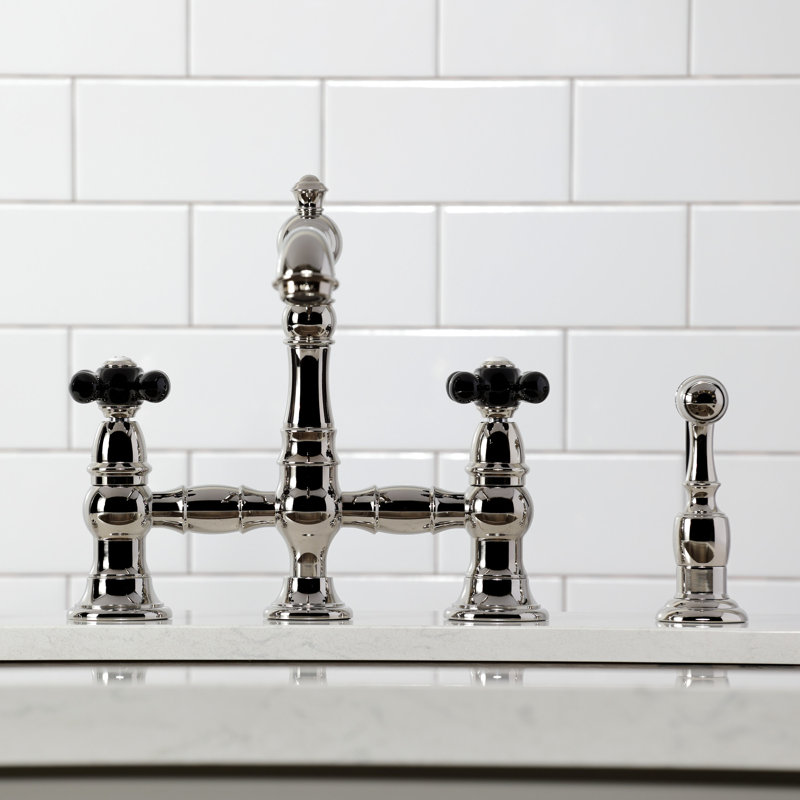 Kingston Brass Duchess Two-Handle 4-Hole Deck Mount Bridge Kitchen Faucet with Brass Side Sprayer, Polished Nickel