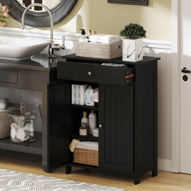 Bathroom Floor Cabinet Freestanding Storage Organizer With 2 Doors Storage Cabinet, Black