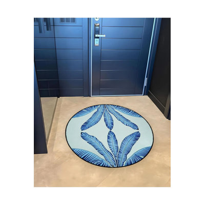 Blue Themed Tropical Leaves Patterned Round Woven Base Modern Decorative Carpet