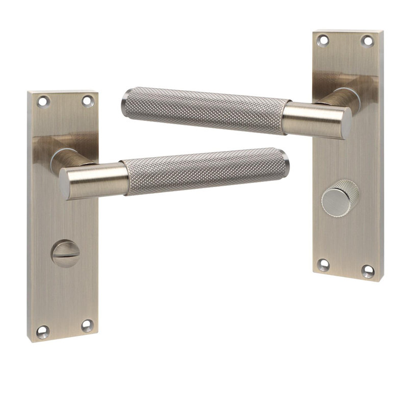 Golden Grace Victorian T-Bar Knurled Design Bathroom Lock Door Handle Set Antique Brass Finish with Screws - 150mm