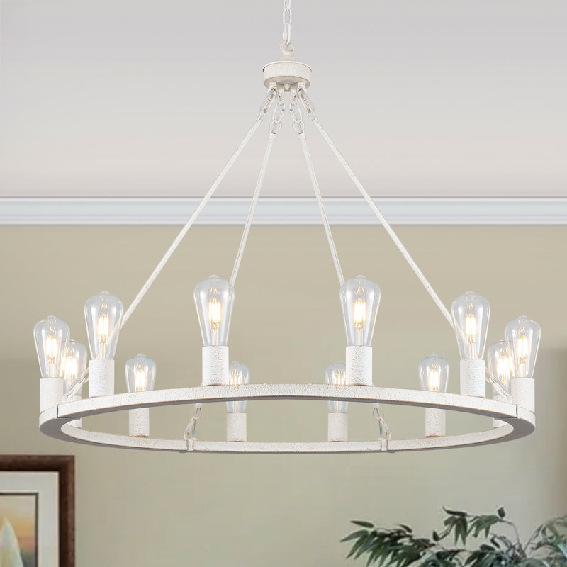 Lustre en roue de chariot à 12 lumières Hatsumi, H 88,58 po x l 35,43 po, Blanc