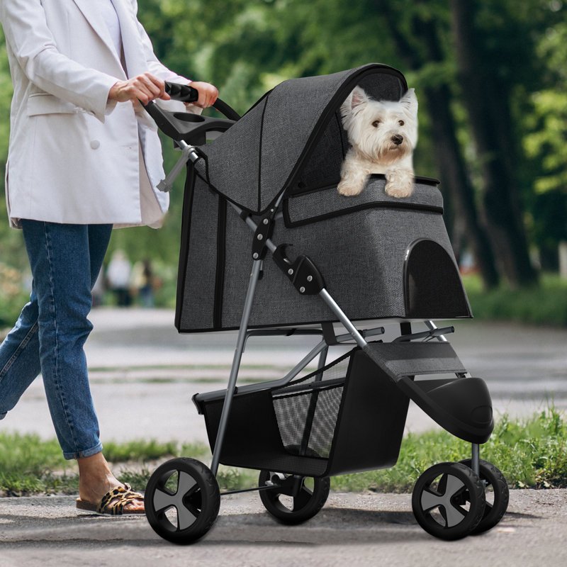 Foldable Pet Stroller, 3 Wheels Folding Carrier Jogger Stroller for Dogs Cats with Canopy and Basket, Gray/Solid