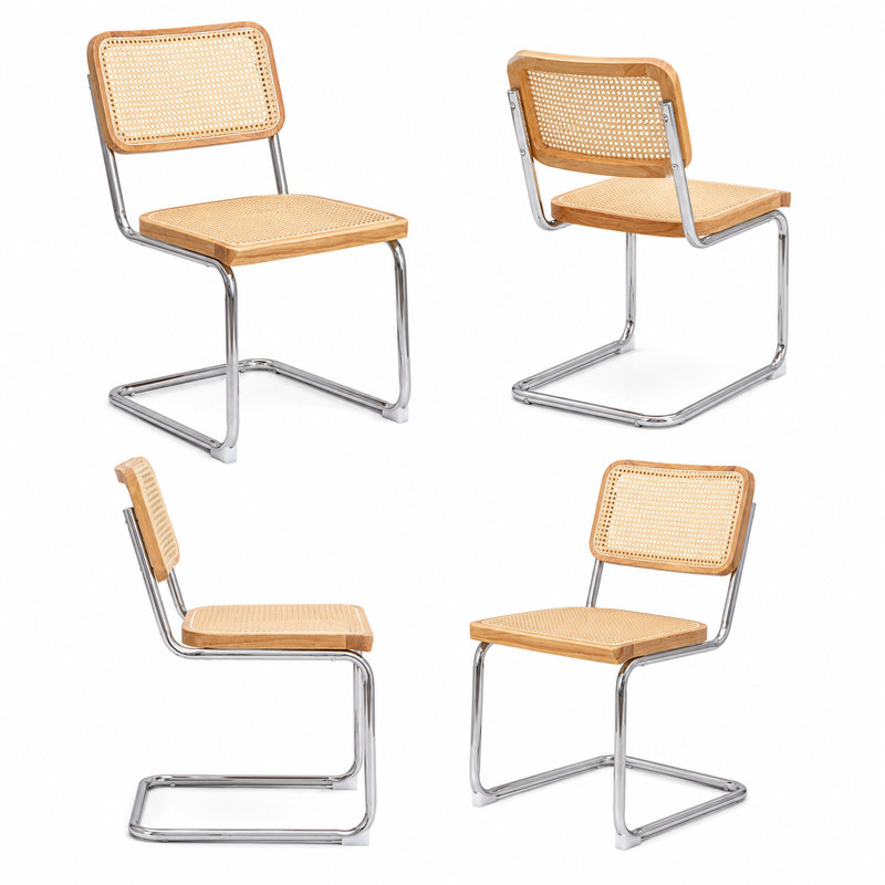 19.3" H Mid-century Modern Cantilever Dining Chair With Cane Back And Seat, Metal Frame (set Of 6)