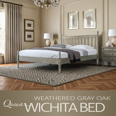 Wichita Queen Size Bed Frame with Headboard & Footboard, Solid Wood Platform Bed, 12 Strong Slatted with Metal Legs, Slip-Free & Noise-Less, Weathered Gray Oak Finish