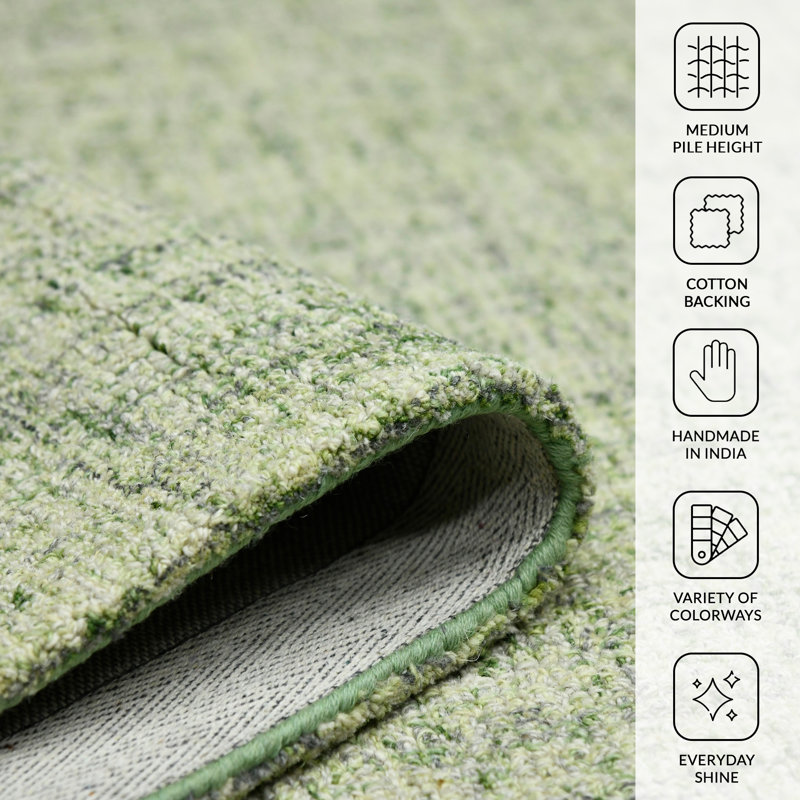Oksen Hand Woven Wool Green Area Rug, Rectangle 5' x 7'6"