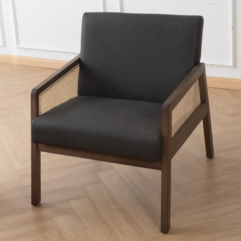 Upholstered Accent Chair With Rattan Mesh Armrests, Black PU Leather, Black
