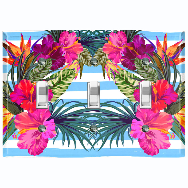Metal Light Switch Plate Outlet Cover (Colourful Flowers Wreath Stripes   - Single Toggle), Blue/White